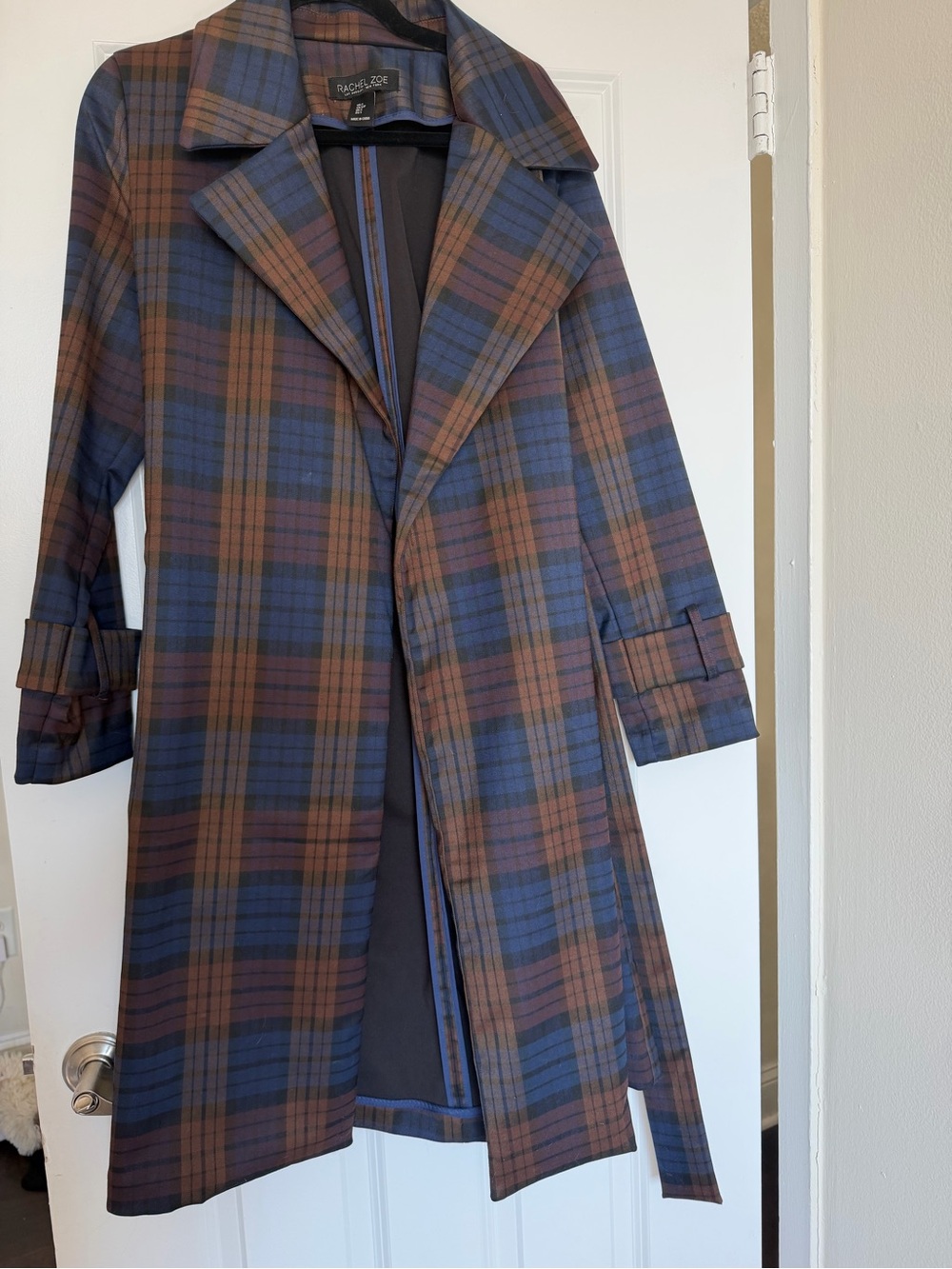 Rachel Zoe women’s Plaid Trench Coat in Navy and Brown